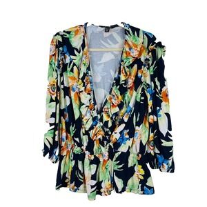 LRL Ralph Lauren Womens Faux‎ Wrap Floral Print Shirt Tropical Stretch  Size 1X